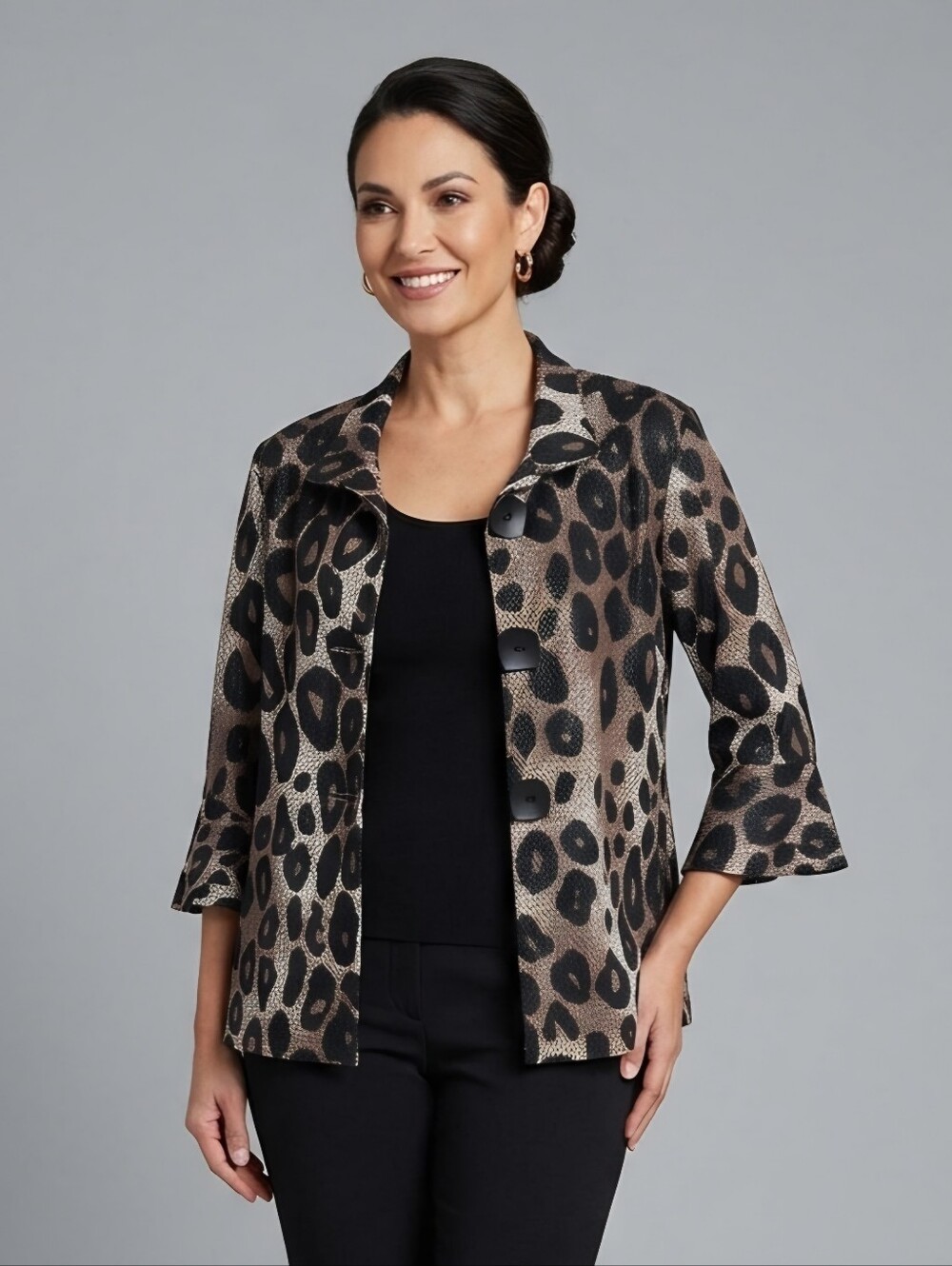 Frank Lyman Design Leopard Print Jacket Square Button Flare Sleeve Size 16